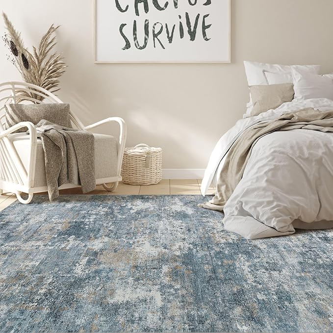 Nakagishi 7x9 Area Rugs Living Room: Washable Abstract Large Neutral Soft Rug Stain Resistant Modern Indoor Floor Non-Slip Carpet for Bedroom Nursery Kids Playroom Office Dining Room Dorm-Blue Brown