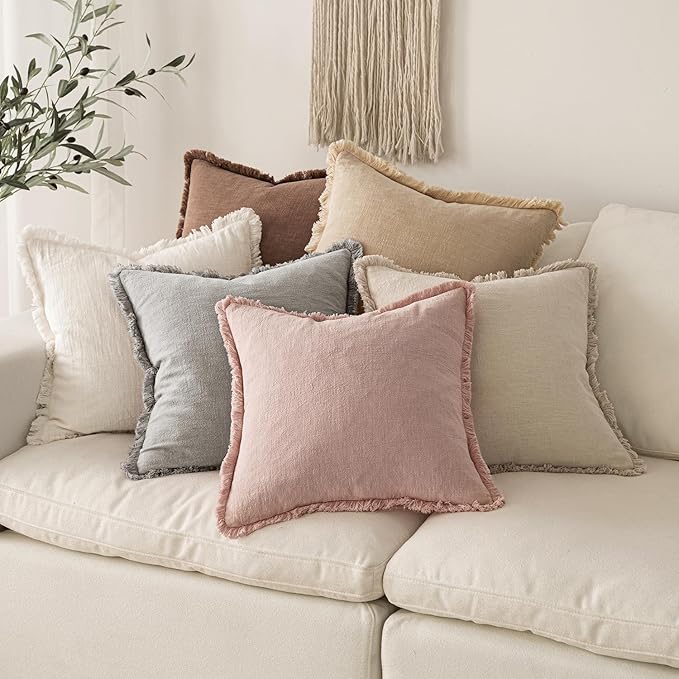 MIULEE Valentines Decorative Throw Pillow Covers Neutral Linen Fringe Throw Pillows Set of 2 Light Pink Boho Farmhouse Cushion Covers for Couch Sofa Bed Living Room Spring Home Decor 20x20 Inch