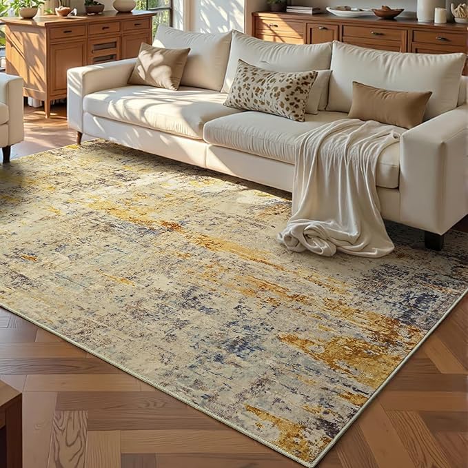 Ompaa Living Room Rug 5x7 Beige Area Rug Machine Washable Boho Rug Non Slip Abstract Vintage Indoor Large Rugs for Bedroom, Classroom, College Dorm, Farmhouse, Dining Room, Kids Playroom