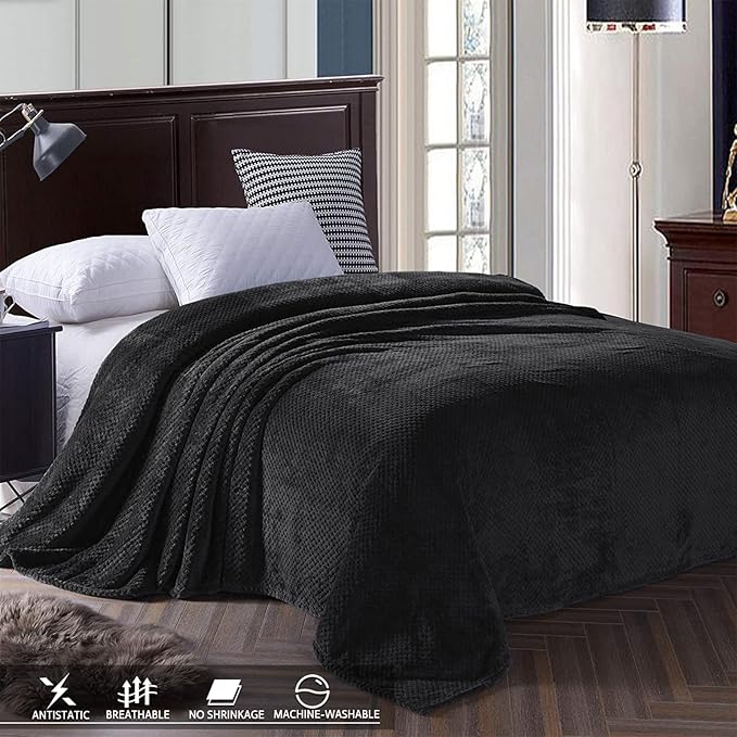 Exclusivo Mezcla Fleece Bed Blanket King Size, Super Soft and Warm Blankets for Couch, Sofa and Bed Waffle Textured, Cozy, Fuzzy and Lightweight (Black, 90x104 Inches)