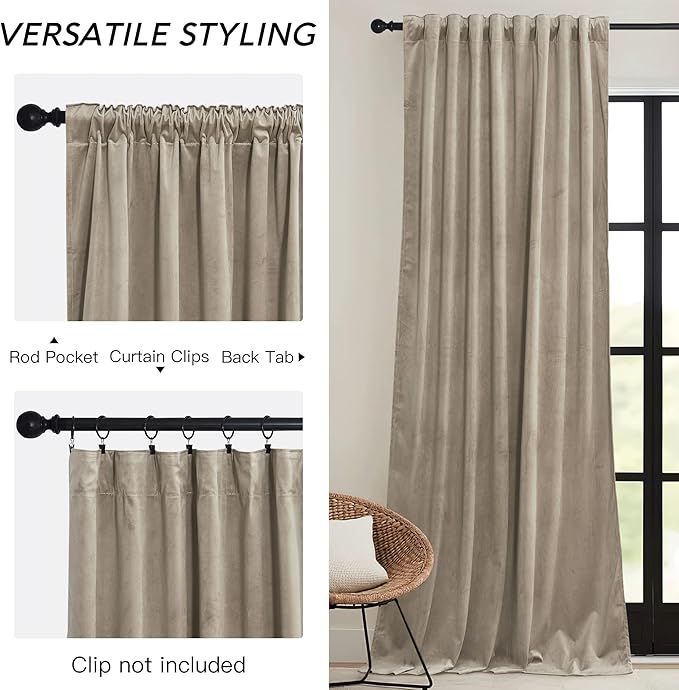 RYB HOME Camel Beige Velvet Curtains 108 inch, Room Darkening Window Curtains with Multiple Hanging Options Heavy Duty Plush Backdrop for Bedroom Guest Room, W52 x L108 inch, 2 Panels