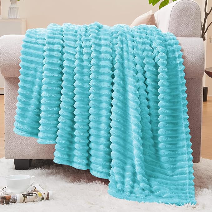 BEDELITE Fleece Blanket Twin Size – 3D Ribbed Jacquard Soft and Warm Decorative Fuzzy Blankets – Cozy, Fluffy, Plush Lightweight Throw Blankets for Couch, Bed, Sofa(Light Blue, 60x80 inches)