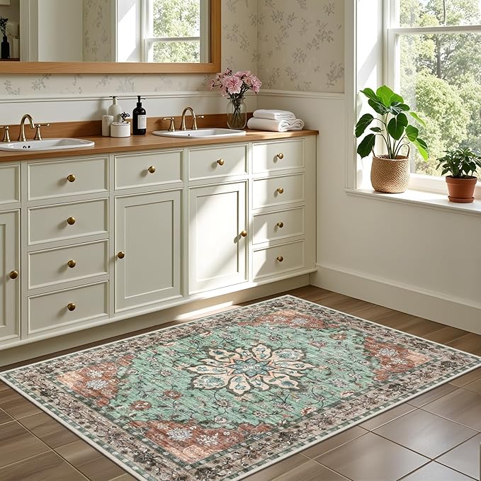 2x3 Area Rugs Living Room Rug: Washable Vintage Distressed Floral Rug No Slip Stain Resistant Soft Carpet Indoor Large Carpets for Bedroom Dining Room Farmhouse Nursery Hallway Home Office Brown Green
