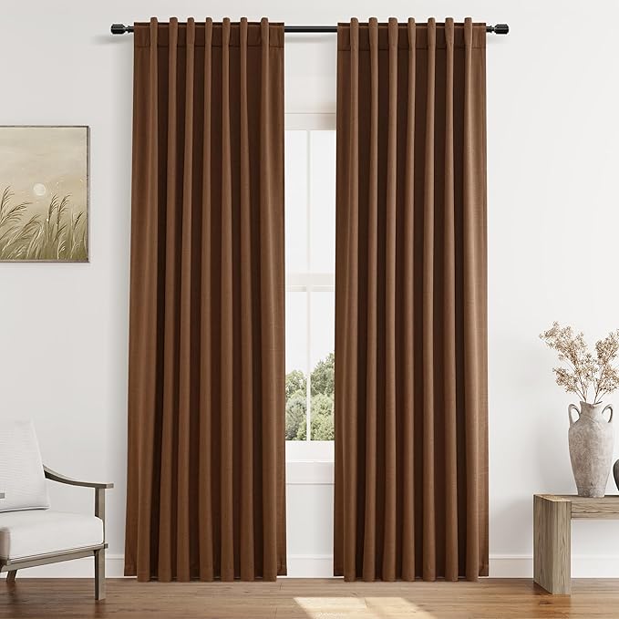 Guken 100% Blackout Linen Curtains 80 Inch Length 2 Panels Set for Living Room Bedroom Back Tab Thermal Insulated Black Out Linen Drapes Room Darkening Window Curtains,Caramel Brown