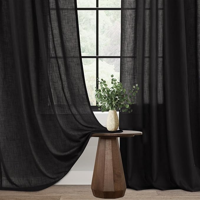 Black Linen Curtains 102 inches Long for Bedroom Back Tab Light Filtering Privacy Semi Sheer Black Curtains Living Room Boho Rustic Farmhouse Cotton Textured Gauze Curtain 2 Panel Set