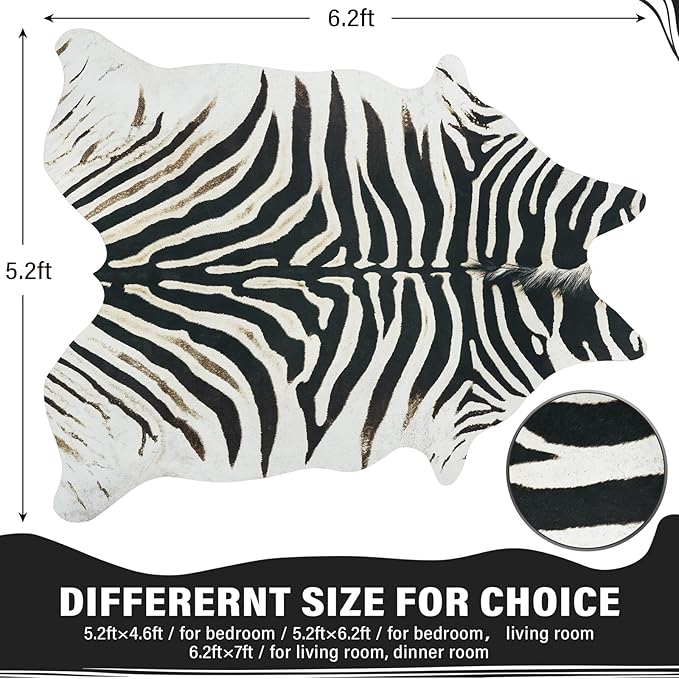 AROGAN Western Faux Fur Zebra Rug, 5.2x6.3 Feet Premium Animal Skin Print Rug, Sturdy Faux Zebra Hide Rugs for Wall Decor, Western Floor Carpet for Bedroom Living Room, Black and White