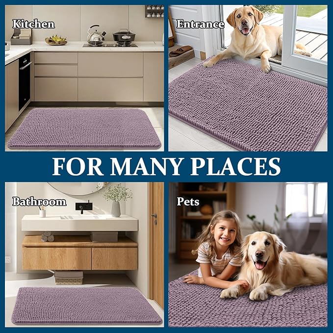 OLANLY Dog Door Mat for Muddy Paws 54x32, Absorbs Moisture and Dirt, Absorbent Non-Slip Washable Doormat, Quick Dry Chenille Mud Mat for Dogs, Entry Indoor Entryway Carpet for Inside Floor, Deep Plum