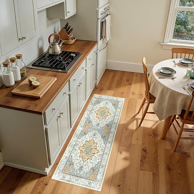 RELEANY Area Rugs 2'x5' Runner Rug Non Slip Washable for Kitchen Hallway Bedroom Beside Laundry Room Bathroom Rug, Floor Carpet, Light Yellow Carbon Grey Orange