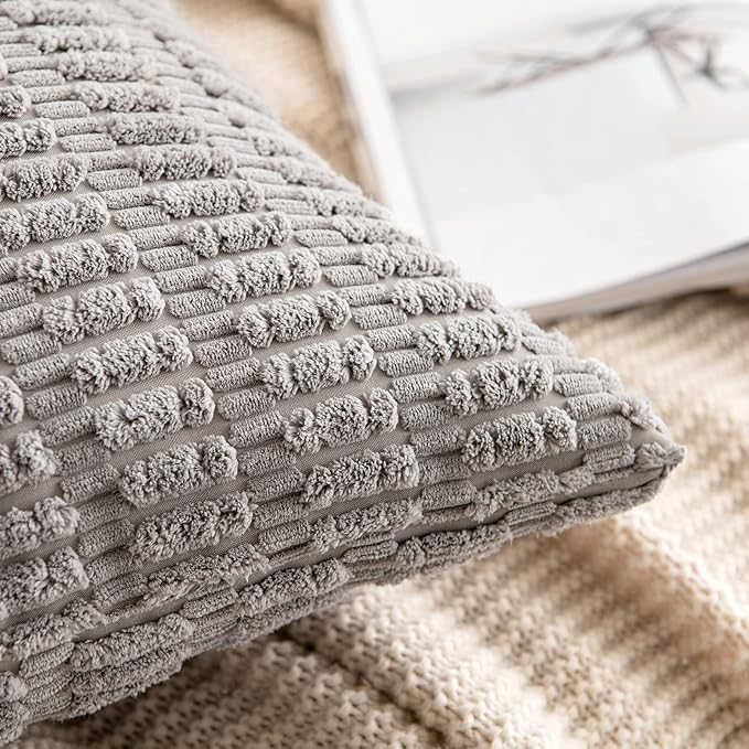 MIULEE Pack of 2 Corduroy Decorative Throw Pillow Covers 12x12 Inch Soft Boho Striped Pillow Covers Modern Farmhouse Home Decor for Sofa Living Room Couch Bed Light Grey