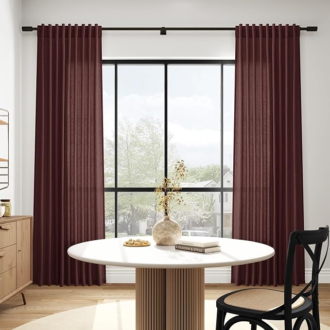 Nanspring Reddish Brown Linen Blend Light Filtering Back Tab Curtains 108 Inches Long, Semi Sheer Privacy Drapes for Living Room & Bedroom, 52x108 inch, 2 Panels