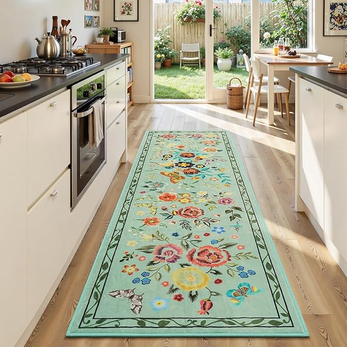 Rugflix 2x6 Runner Rug for Hallway, Washable Kitchen Runner Non Slip, Soft Low Pile Entryway Carpet, Vintage Floral Stain Resistant Long Laundry Room Rugs for Bedroom, Stairs, Green
