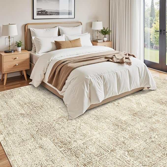 Soalmost Washable Area Rug 8x10, Large Soft Rugs for Living Room Vintage 8x10 Area Rugs for Bedroom Dining Room Floral Non-Slip Thin Brown