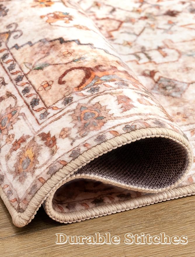 SERISSA Boho Washable Runner Rug, 2'6"x8' Non-Slip Vintage Peach Cream Hallway Kitchen Runner Rug Ultra Soft Print Distressed Floor Carpet for Bedroom Bathroom Laundry Room