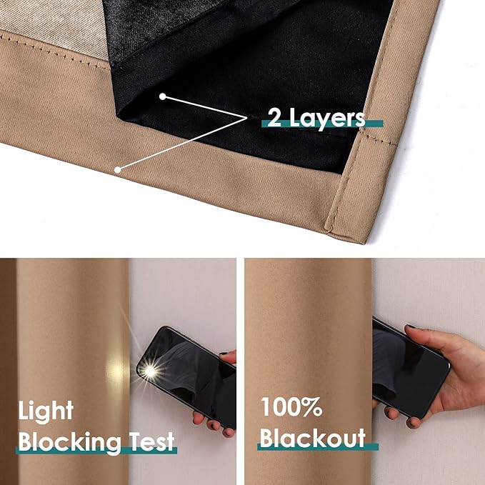 ChrisDowa 100% Blackout Curtains for Bedroom with Black Liner, 2 Thick Layers Total Blackout Thermal Insulated Grommet Window Curtains 2 Panels Set (Cappuccino, 52 x 45 Inch)
