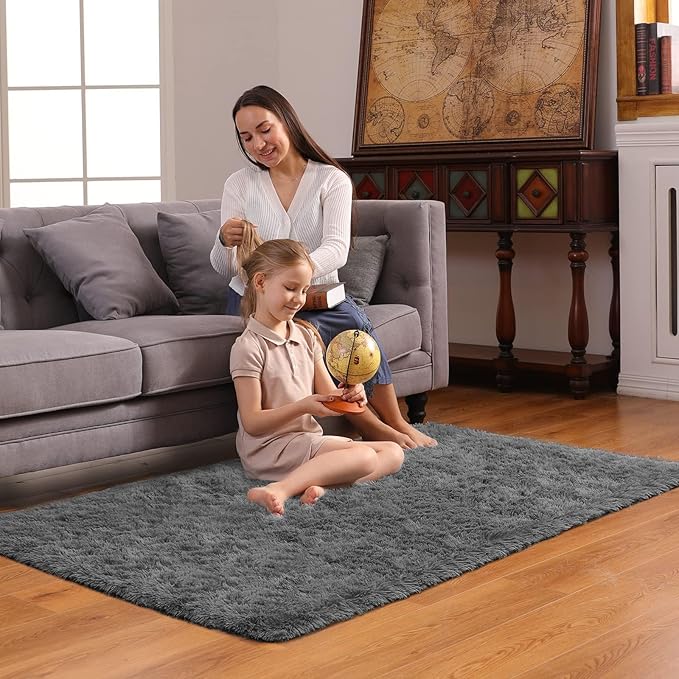 Ophanie 3x5 Rug, Dorm Bedside Preppy Area Rug, College Essentials Non Slip Grey Small Carpets for Bedroom, Anti Slip Fluffy Gray Living Room Rugs Home Decor Aesthetic, Nursery