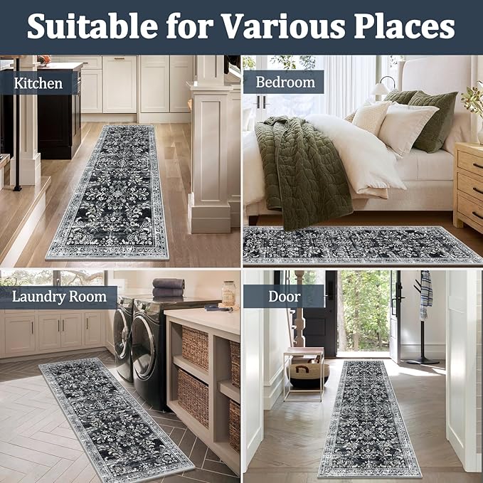 Yamaziot Washable Runner Rug 2x12 – Non Slip Boho Floral Hallway Runner Rug with Rubber Backing, Low Pile Faux Wool Distressed Carpet for Kitchen, Laundry, Bedroom, Entrance, Navy/Black