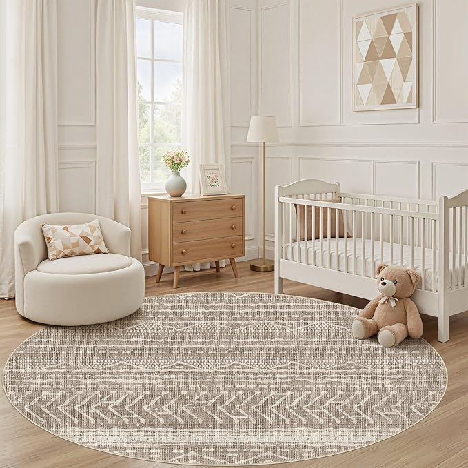 Nakagishi Area Rug Living Room Rugs: 4X4 Machine Washable Boho Large Neutral Farmhouse Stain Resistant Moroccan Indoor Floor Carpet for Bedroom Nursery Dorm Dining Room Home-Dark Brown