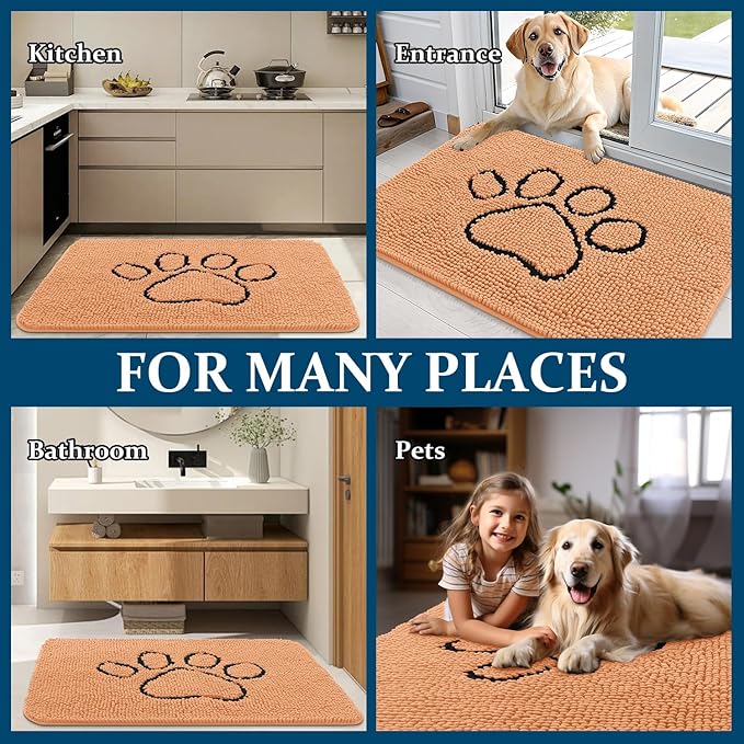 OLANLY Dog Door Mat for Muddy Paws 48x30, Paw Print Design, Absorbs Moisture and Dirt, Absorbent Non-Slip Washable Doormat, Quick Dry Chenille Mud Mat for Dogs, Entry Indoor Entryway Carpet, Orange