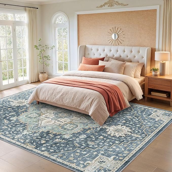 AMADA HOMEFURNISHING 9x12 Washable Area Rug, Low-Profile Large Area Rug with Non-Slip Backing & Durable Edge Binding, Vintage Large Rugs for Living Room, Bedroom & Dining Room