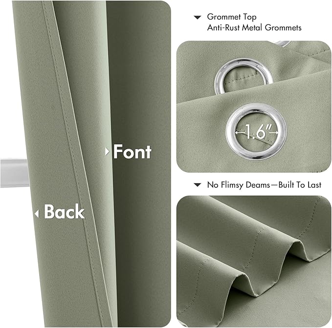 MIULEE Sage Green Blackout Curtains for Bedroom Living Room 72 Inches Long 2 Panels, Thermal Insulated Drapes Solid Grommet Top Noise Reducing Light Green Window Treatments Set W40 x L72 Inch