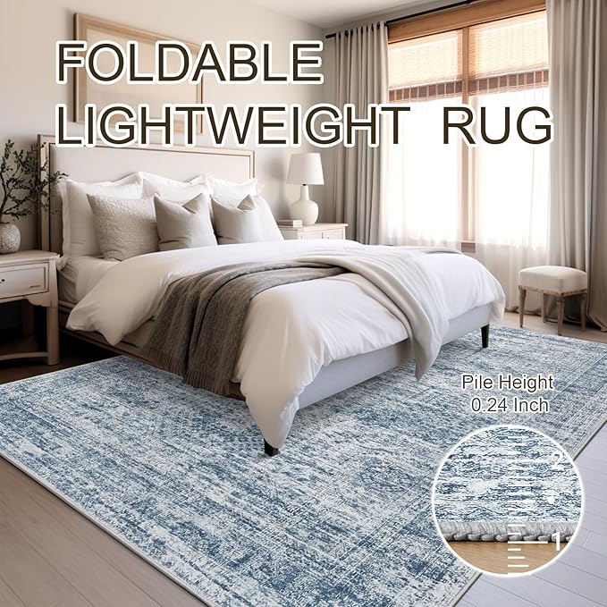 Washable Area Rug 8x10, Large Soft Rugs for Living Room Vintage Blue 8x10 Area Rugs for Bedroom Dining Room Non-Slip Stain Resistant Under Table Rug
