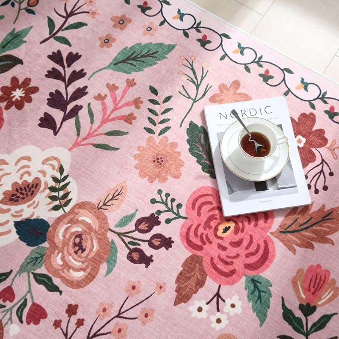Rugcomf Long Hallway Runner Rug 2'7"x14' - Floral Washable Non Slip Boho Carpet for Kitchen, Entryway, Hall, Bathroom - Pink