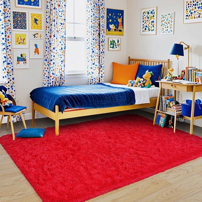 Pionblank Fluffy Area Rug for Bedroom 4x6 Feet, Shag Soft Rug for Living Room, Indoor Comfy Cute Plush Bedside Carpet for Girls Boys Room Teens Dorm Nursery Decor, Red