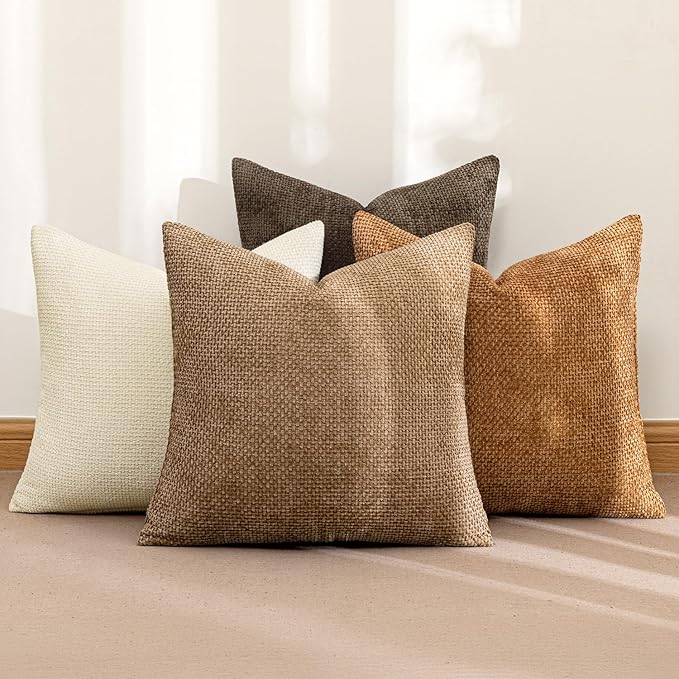 MIULEE Pack of 4 Brown Couch Throw Pillow Covers 20x20 Inch Soft Decorative Chenille Pillows Farmhouse Accent Cushions for Boho Home Decor Spring Sofa Bedroom Living Room