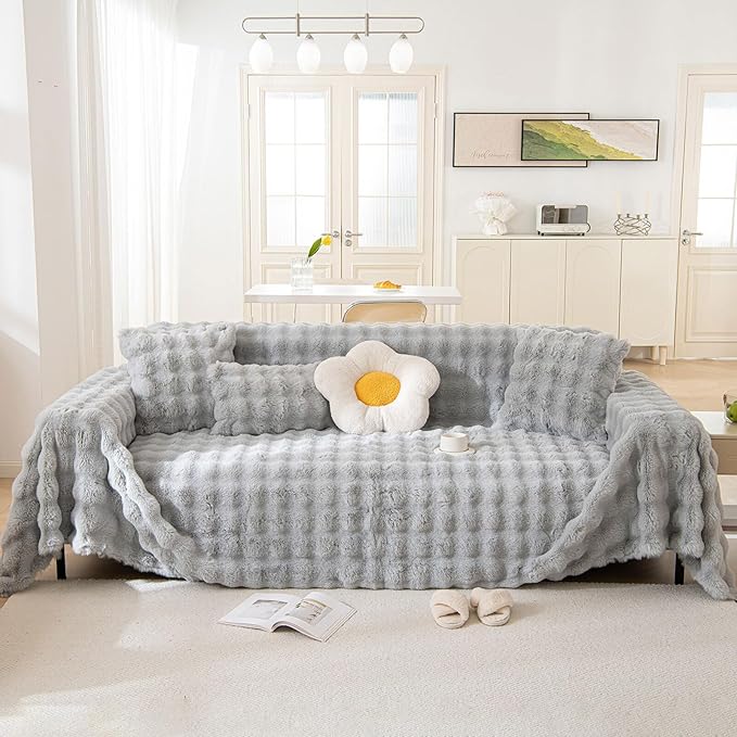 HANDONTIME Grey Plush Sofa Covers Washable Rabbit Plush Couch Cover Soft Cozy Faux Fur Couch Protector for Dogs Fluffy Plush L Shaped Sofa Cover Pet Friendly Couch Protector Furniture, 71" X134"