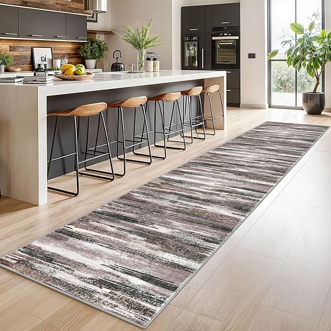 Lansny Modern Abstract Runner Rug 2.6x14, Dark Light Brown White Washable Long Kitchen Runner Non-Slip Soft Hallway Rug Runner Thin Print Faux Wool Carpet for Entryway Bedroom Laundry Room Indoor