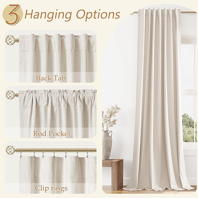 Guken 100% Blackout Linen Curtains 72 Inch Length 2 Panels Set for Living Room Bedroom Back Tab Thermal Insulated Black Out Drapes Room Darkening Farmhouse Style for Bedroom Window Curtains 52x72