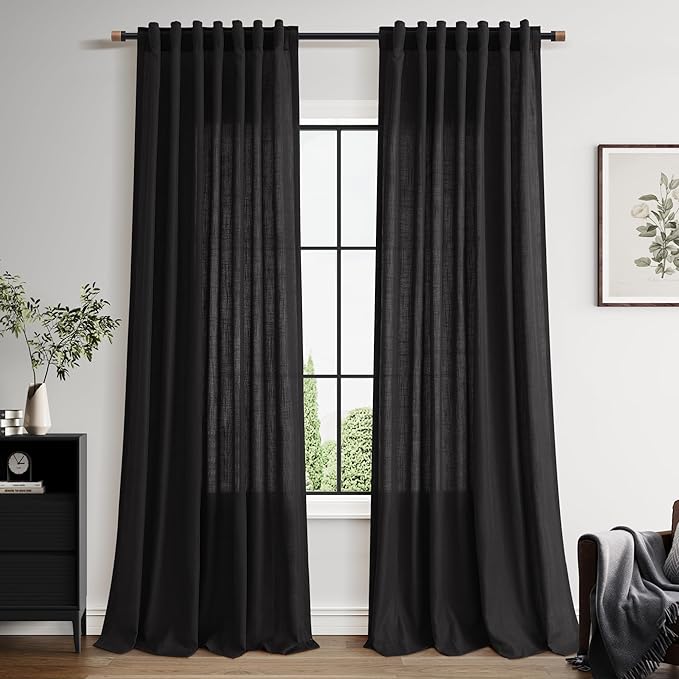 Vintage Black Linen Curtains 108 Inches Long for Living Room Light Filtering Semi Sheer Curtain Back Tab Floor to Ceiling High Window Gothic Vintage Decor Drapes for Bedroom Office 52x108,2 Panels