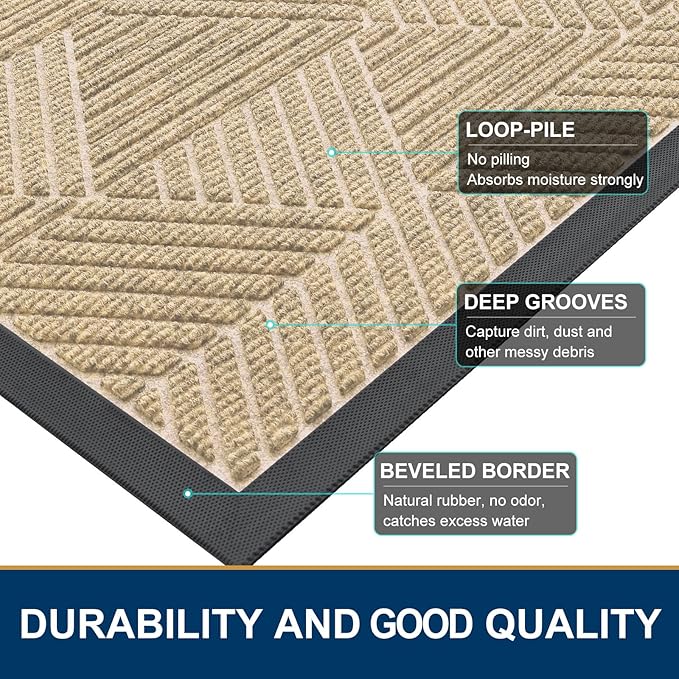 Smiry Front Door Mat Outside Entrance, Heavy Duty Sturdy Natural Rubber Doormat, Trap Dirt and Moisture, Easy Clean Low Profile Mats for Indoor Outdoor Entry, Irregular Triangle (29.5x17, Cream White)