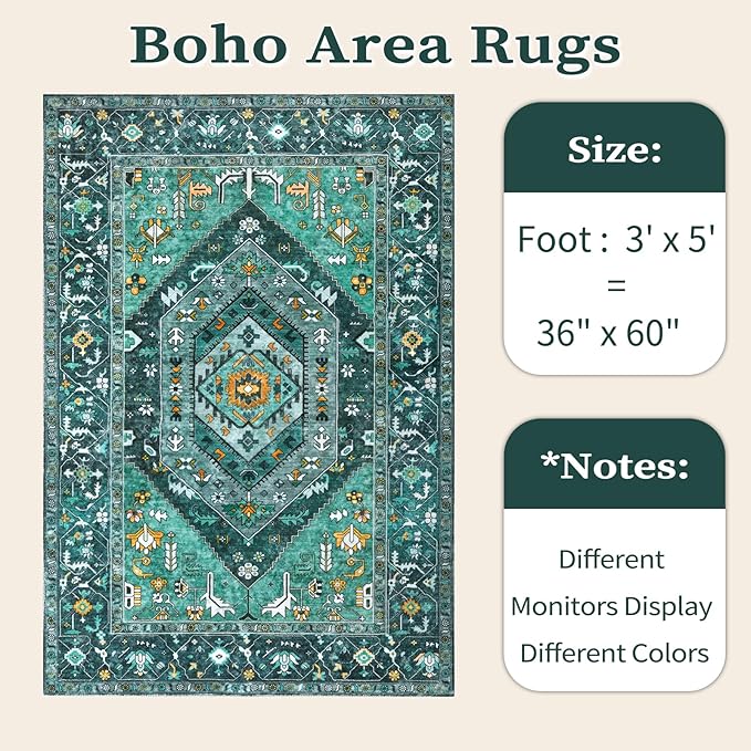 SERISSA Area Rug 3x5 Boho Teal Rugs for Bedroom, Washable Kitchen Rugs Non-Slip, Ultra Soft Print Distressed Tribal Entry Rug Low-Pile Throw Rug Carpet for Bedroom Nursery Living Room Dorm Decor
