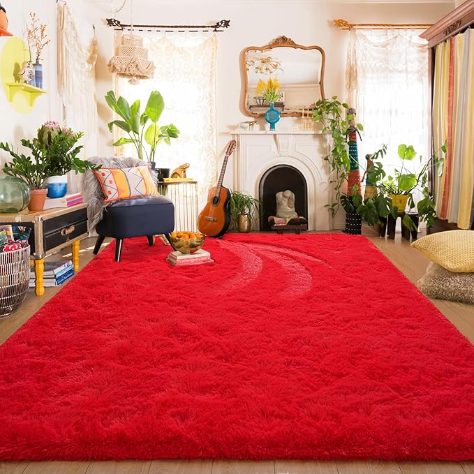 Amearea Shag Fluffy Area Rug for Bedroom Girls Living Room, Extra Soft and Fuzzy Shaggy Rugs, Non Slip, Solid Color Carpet Mat for Boys Nursery Home, Red 6x9 Feet