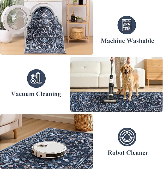 HEBE Washable Hallway Runner Rug 2'x 6' Non Slip Kitchen Rugs Runner,Low Pile Entryway Rug Laundry Room Mat Floral Carpet Runners for Hallways, Kitchen,Bathroom,Laundry,Bedside Rug