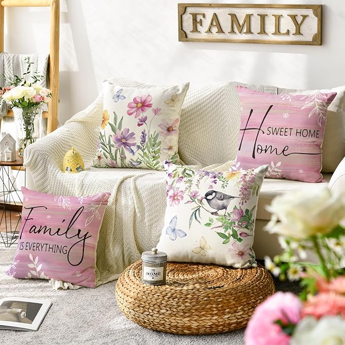 AVOIN colorlife Spring Saying Flowers Butterfly Pink Throw Pillow Covers, 20 x 20 Inch Home Sweet Home Cushion Case for Sofa Couch Set of 4