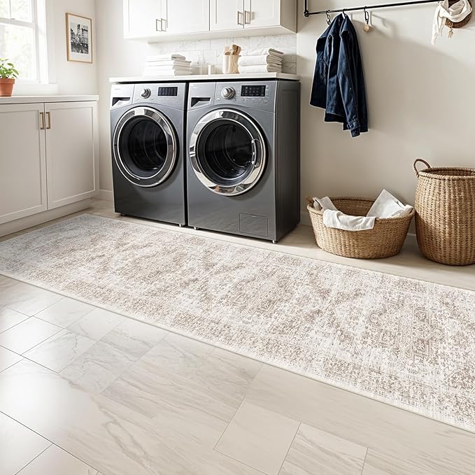 Washable 2'6''x12' Runner Rug - Non-Slip Vintage Runner Rug for Entryway Low-Pile Medallion Long Rugs for Hallway Waterproof Traditional Runner Rugs Indoor Thin Rug for Kitchen (Cream/Beige)