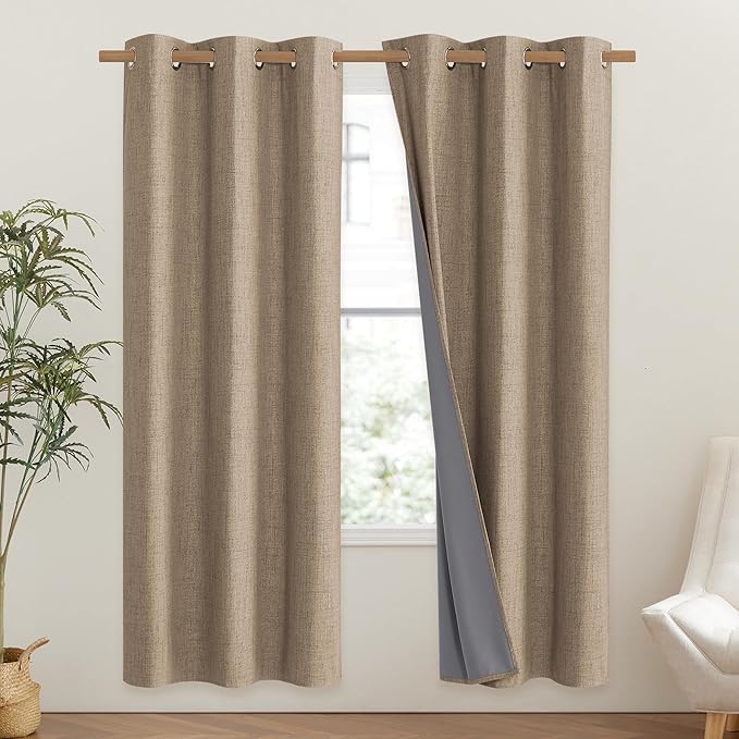 NICETOWN Burlap Vintage Open Linen Weave Flax Thermal Curtains, 100% Blackout Curtains 72" Long for Dining Room, Soundproof Window Treatment Drapes for Gym Room, 42" Wide Per Panel, Set of 2