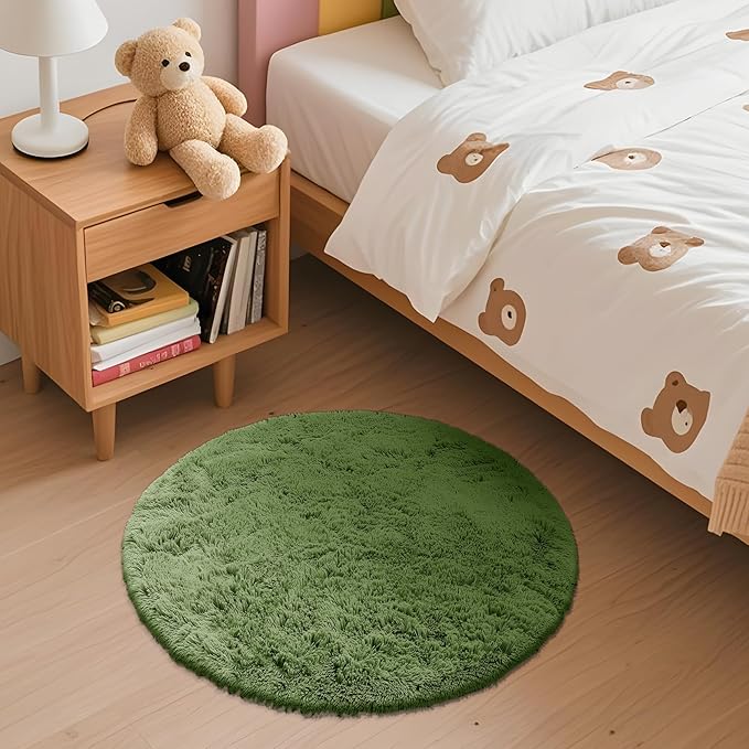 OLANLY Green Round Rugs for Bedroom - Machine Washable, 2 ft Circle Area Rugs for Living Room, Soft and Fluffy Shaggy Carpet for Teen Girl and Boys, Nursery Rooms, Dorms, Home Decor Aesthetic
