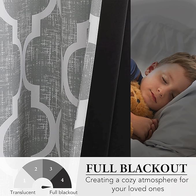 Beauoop 100% Blackout Curtains 90 Inches Long 2 Panels for Bedroom Living Room Grey Moroccan Geo Room Darkening Thermal Insulated Soundproof Grommet Top Window Treatments Drapes, 50x90 Set of 2