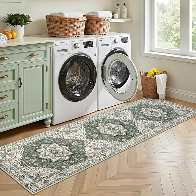 Hallway Runner Rug Non Slip - Washable 2.6x8 Kitchen Rugs for Living Room, Low-Pile Soft Bedroom Rug Indoor Floor Stain Resistant Carpets for Entryway, Laundry, Bathroom Green Ivory