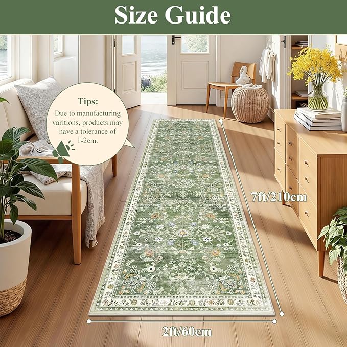 Yamaziot Washable Runner Rug 2x7 – Non Slip Boho Floral Hallway Runner Rug with Rubber Backing, Low Pile Wool Distressed Carpet for Kitchen, Laundry, Bedroom, Entrance, Mottled Green