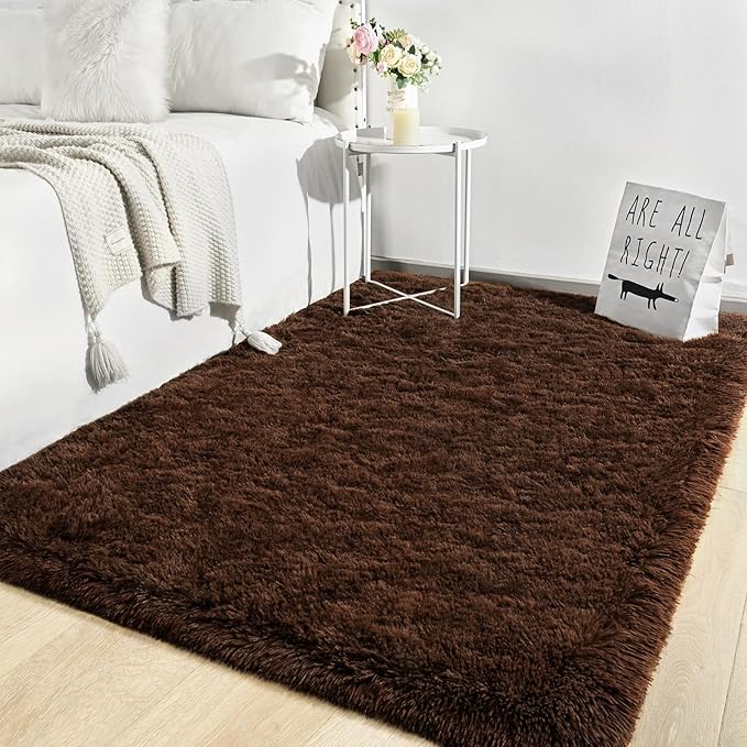 TWINNIS Super Soft Shaggy Rugs Fluffy Carpets, 5x8 Feet, Indoor Modern Plush Area Rugs for Living Room Bedroom Kids Room Nursery Home Decor, Upgrade Anti-Skid Rectangular Fuzzy Rug, Brown