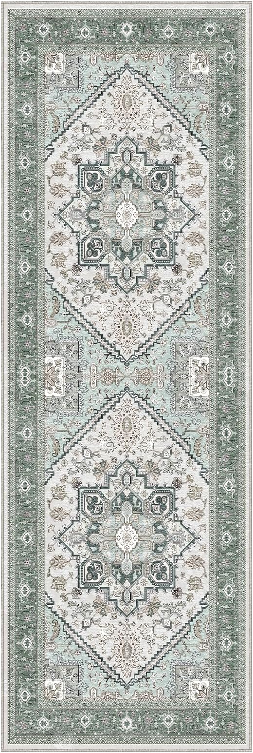 OPPODREAM Soft Entryway Rug 2x6, 2x6 Rug Runner, Washable Hallways Carpet 2 x 6 with Non Slip Backing, Low-Pile Bedside Carpet 2 x 6, Long, Faux Cashmere, Green