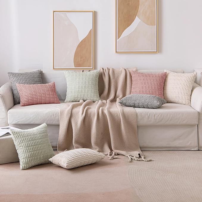 MIULEE Pack of 2 Corduroy Decorative Throw Pillow Covers 18x18 Inch Soft Boho Striped Pillow Covers Modern Farmhouse Home Decor for Sofa Living Room Couch Bed Blush Pink Spring Valentine Decor
