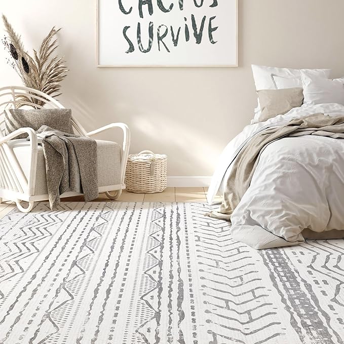 Nakagishi Area Rugs 8x10 Living Room: Washable Boho Large Neutral Soft Farmhouse Rug Stain Resistant Modern Geometric Non Slip Indoor Floor Carpet for Bedroom Nursery Kids Playroom Office- Gray White