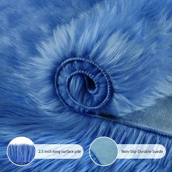 Ciicool Ultra Soft Faux Sheepskin Fur Rug Fluffy Rug for Bedroom Fuzzy Carpet for Living Room Kid's Room Nursery Decor, Dark Blue 2 x 6 Feet