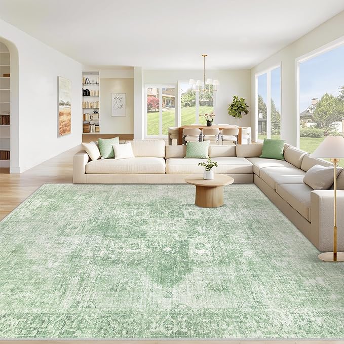 Area Rug 9x12 Washable Rug, Vintage Boho Medallion Rugs Non-Slip Soft Low Pile Large Distressed Rug Indoor Retro Carpet for Living Room Bedroom Dining Room Home Office (SageGreen, 9'x12')