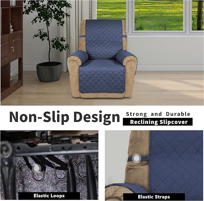 Easy-Going Recliner Chair Covers Reversible Recliner Slipcovers Water Resistant Sofa Cover Couch Cover Furniture Protector with Elastic Straps for Dog Pet (Recliner, Dark Blue/Ivory)
